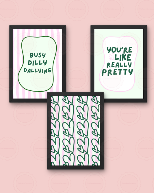 Set of 3 Pink/Green Stripes Preppy Wall Art