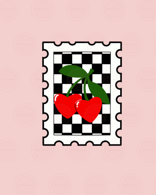 Checkered Cherry Stamp Style Sticker