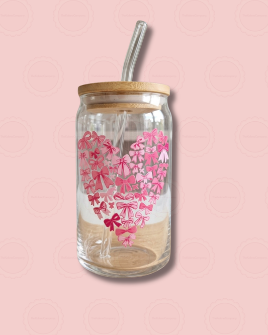 Pink bow heart 16oz Glass Libbey Can